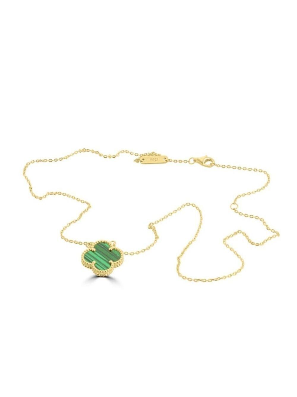 18k GP Sterling Silver Malachite Clover Necklace adjustable 16-1/2"-18"